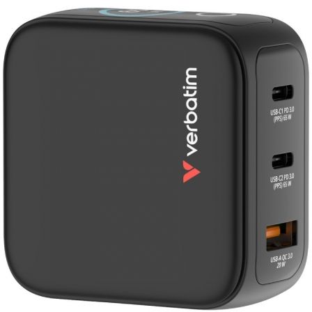 Cargador de Pared Universal GaN para Viaje Verbatim Mini GaN Charger Con Pantalla/ 2xUSB Tipo-C/ 1xUSB/ 65W