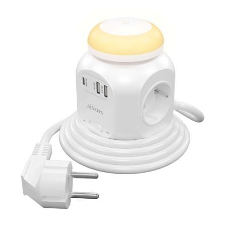 Regleta con Interruptor y Luz Nocturna Aisens ASPS-2A1CLPQ02-W/ 4 Tomas de Corriente/ 1 USB Tipo-C/ 2 USB/ Cable 1.8m/ Blanco