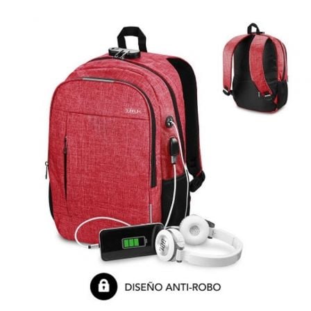 Mochila Subblim Urban Lock para Portatiles hasta 16p/ Puerto USB/ Antirrobo/ Rojo