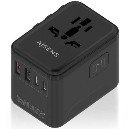 Cargador de Pared Universal GaN para Viaje Aisens ASPS-2A3C09-BK/ Toma de Corriente Universal/ 3xUSB Tipo-C/ 2xUSB/ 35W