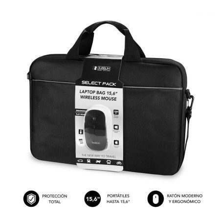 Maletin + Raton Inalambrico Subblim Select Pack para Portatiles hasta 15.6p/ Cinta para Trolley/ Negro